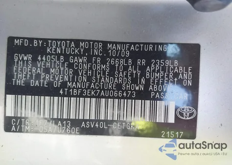 2010 Toyota Camry Xle из США, поврежденный, VIN 4T1BF3EK7AU066473